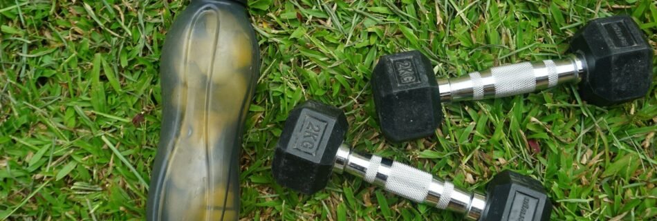 2 black and gray dumbbells on green grass