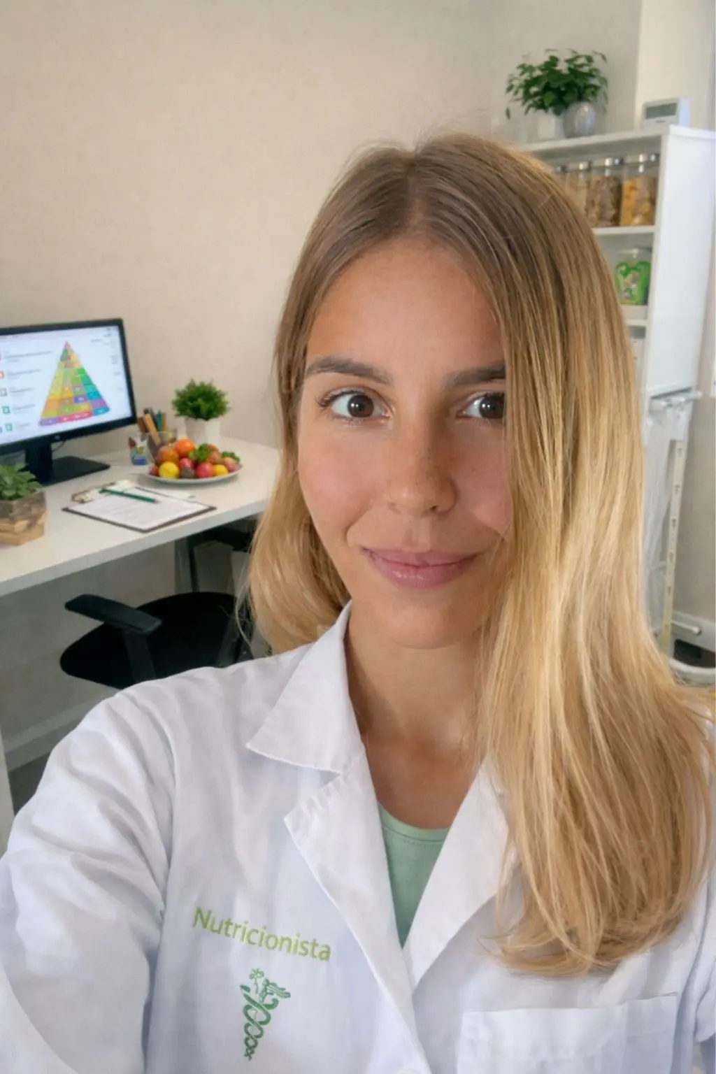 Lalita, nutricionista clínica da EkosFit, em jaleco no consultório